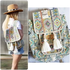NWT Handcrafted Beaded Tassel Jacquard Boho Backpack in Monet